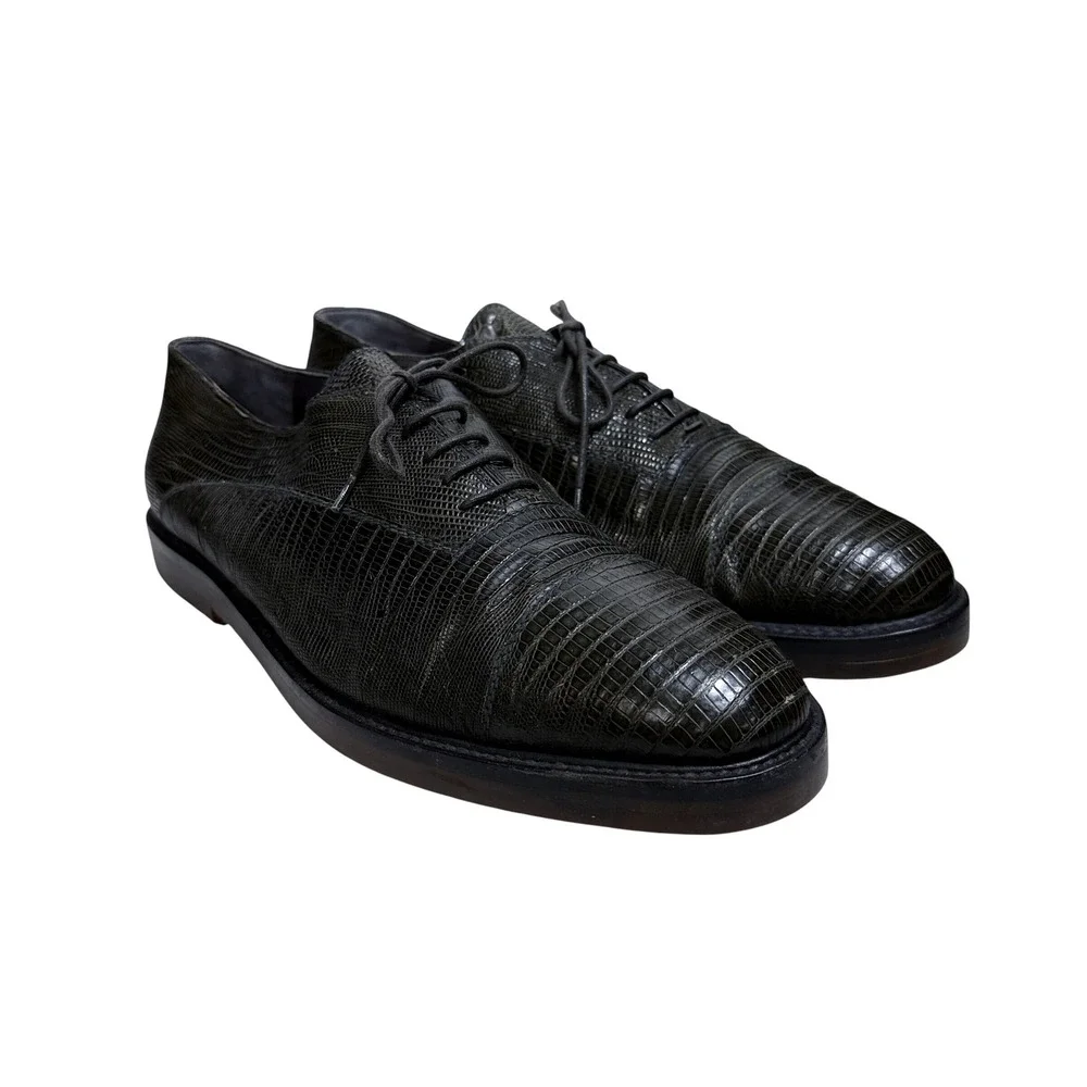 Susan Bennis Warren Edwards Oxford Men 11.5 Olive Green Lizard Skin Exotic Italy